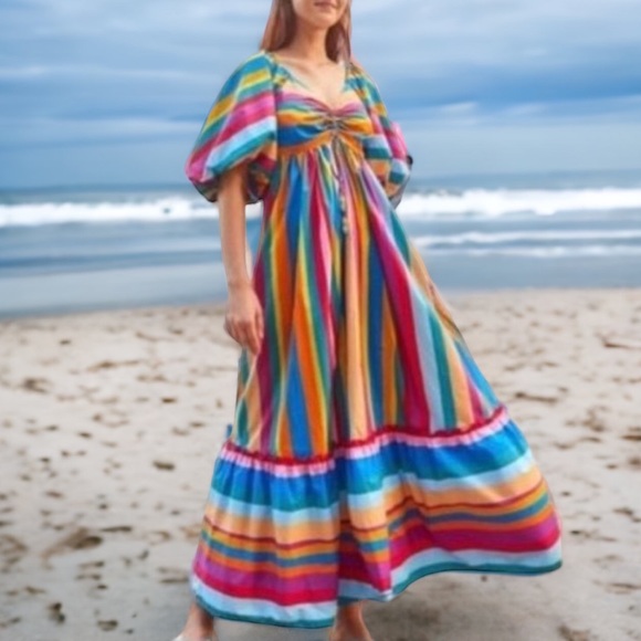 Farm Rio x Anthropologie Rainbow Stripe XS 0 / 2 Blue Silky Flounced Hem Midi - Picture 3 of 6
